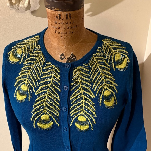 Anthropologie Tabitha Limabird Beaded and Embroidered Blue Sweater size medium - Picture 2 of 6